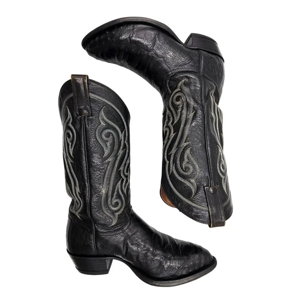 Vintage Tony Lama Mens 9D Black Exotic Ostrich Wingtip Cowboy Western Boots CBC - Picture 7 of 14